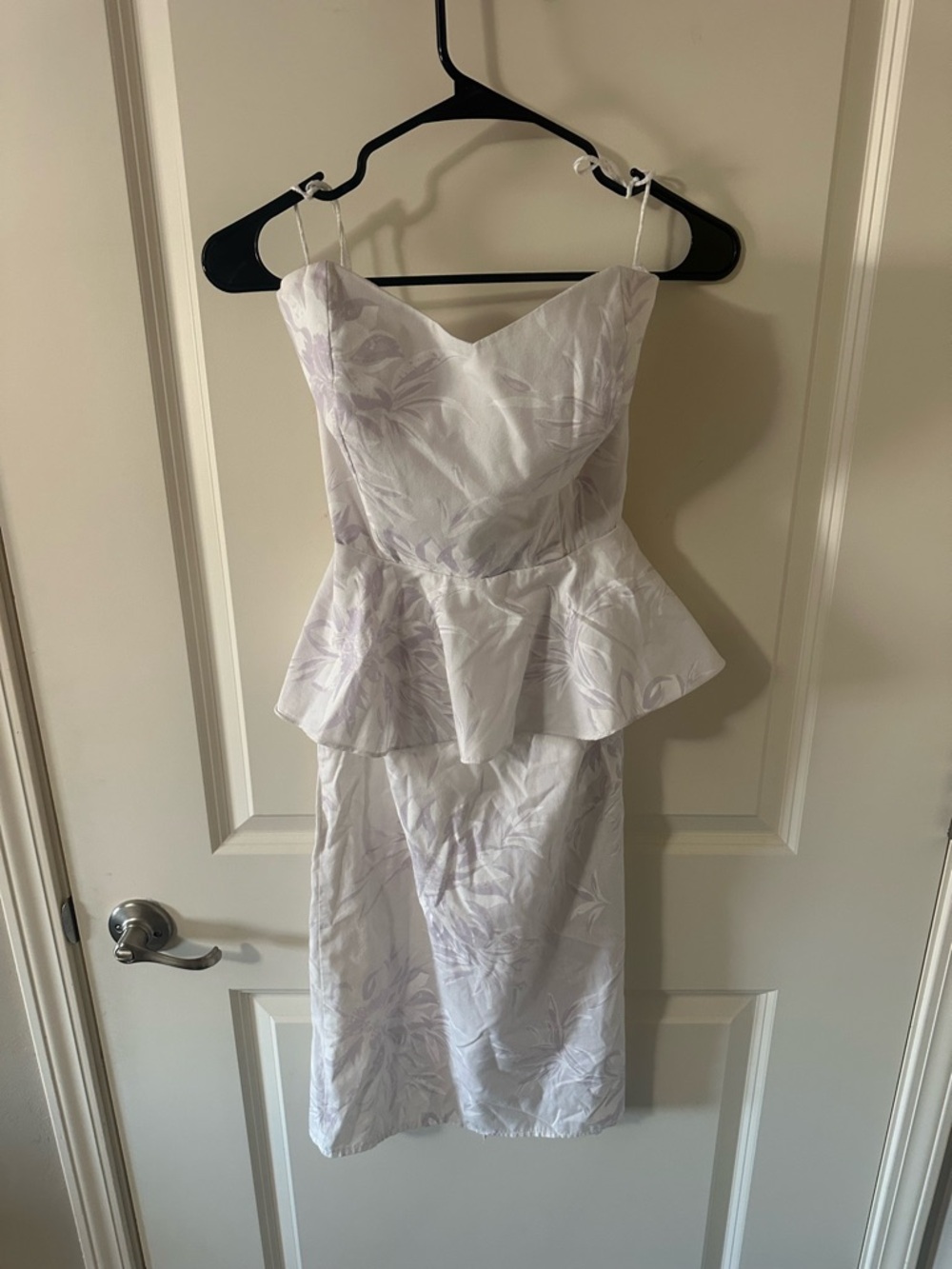 VINTAGE Strapless Peplum Midi Dress in Light Lavender Floral